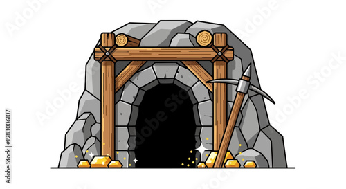 Cartoon style mine entrance with wooden supports and pickaxe