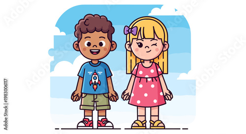 Two happy cartoon children, a boy and a girl, standing side-by-side against a bright sky with clouds.
