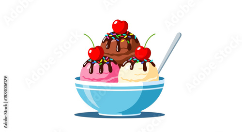 Delicious ice cream scoops with cherries and sprinkles in a bowl