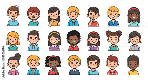 A diverse collection of cartoon avatars representing children of various ethnicities and genders, depicted in a friendly and approachable style.