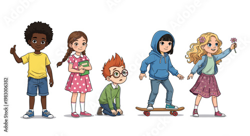 A diverse group of five young children, including boys and girls of various ethnicities and ages, engaged in different activities like skateboarding, holding a book, and posing.