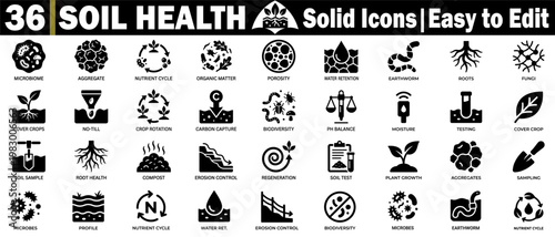 Soil health solid icons. Easy to edit for environmental, agricultural, and scientific designs, featuring editable strokes and a transparent background, vector illustration.