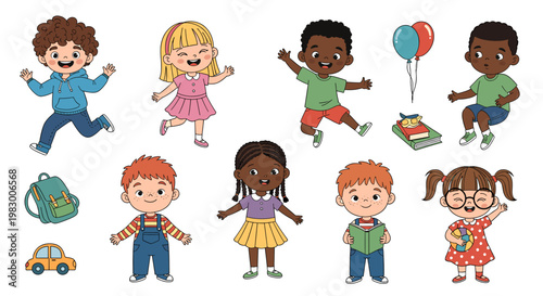 A vibrant collection of diverse cartoon children engaged in various playful activities, showcasing different ethnicities, clothing styles, and accessories like backpacks and books.