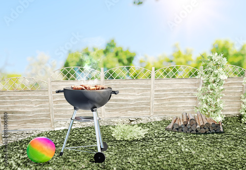 Outdoor barbecue grill in sunny backyard with green plants, 3d illustration