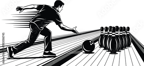 Bowling Player Throwing Ball Towards Pins in Retro Black and White Illustration for Sports and Fitness Designs