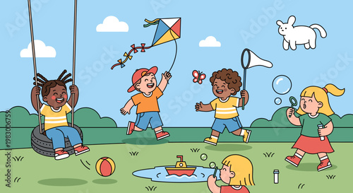 Diverse group of children joyfully playing outdoors on a sunny day with a kite, bubbles, and a swing.
