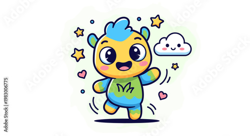 A cheerful, cartoonish yellow and blue creature with a blue mohawk, dancing joyfully amidst stars and hearts, with a cute cloud in the background.