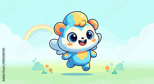 A cute, fluffy, blue and yellow winged creature with large, expressive eyes, joyfully leaping in a whimsical, dreamlike landscape under a rainbow.