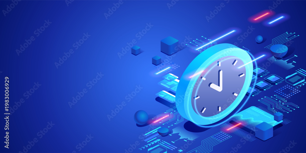 Fototapeta premium Time management and productivity concept with digital clock and data interface. Futuristic isometric neon illustration scheduling, efficiency, workflow organization and business planning.
