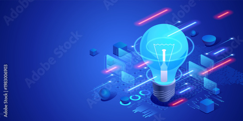 Creative idea and innovation concept with glowing light bulb and digital data environment. Futuristic isometric neon illustration inspiration, brainstorming, startup thinking and technology solutions