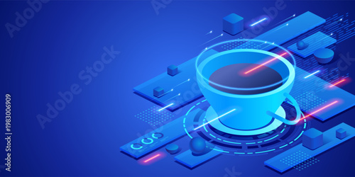Modern coffee break concept in digital office environment. Futuristic neon isometric illustration with coffee cup and technology elements workplace relaxation, productivity and creative thinking.