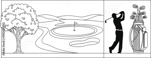 Golf Player Swinging Club with Course Landscape and Equipment for Sports, Leisure, and Outdoor Activity Designs