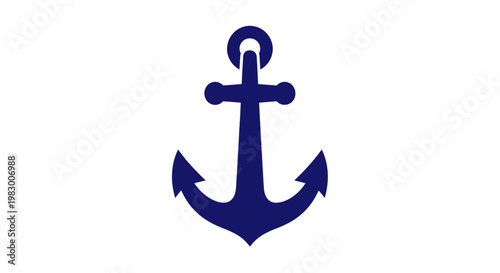 Dark Blue Nautical Anchor Icon on White Background, Marine Symbol