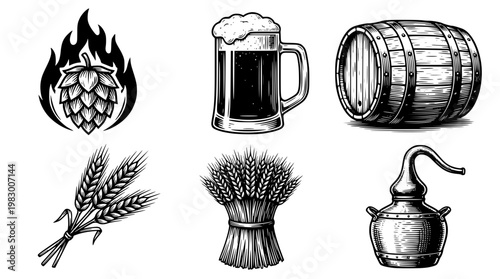 Beer brewing ingredients and equipment vector graphic illustration set