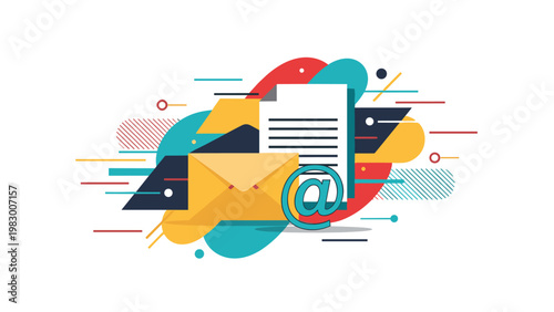 Conceptual illustration of digital communication showing an envelope document and email symbol in vibrant abstract art.
