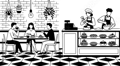 Vector illustration of people eating at a bakery cafe
