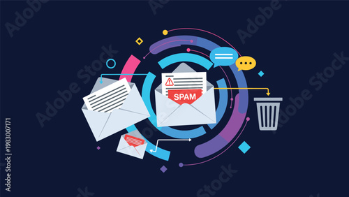 Illustration of an email spam filter process moving unwanted messages into a trash bin using abstract digital elements.
