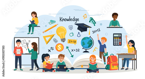 A vibrant illustration of diverse students learning and interacting with educational symbols, representing knowledge acquisition and academic growth.