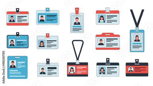 Set of various identity card templates with portraits of different people for corporate identification and security.