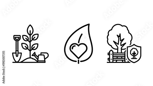 Set of three environmental conservation and protection icons with environmental protection conservation gardening sustainability planting development restoration environment wellness