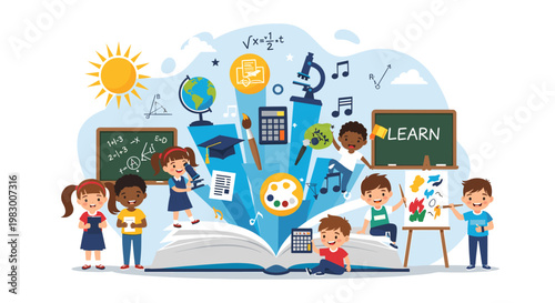 Vibrant illustration of diverse children engaged in various educational activities, surrounded by symbols of learning and creativity, emerging from an open book.