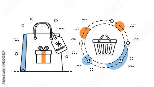 Shopping bag with a gift box icon next to a shopping basket in a circle representing ecommerce and retail sales.