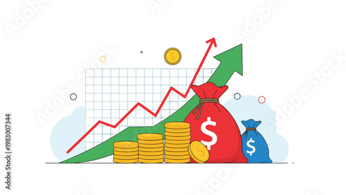 Financial success illustration showing money bags stacks of gold coins and an upward green arrow for growth and profit.