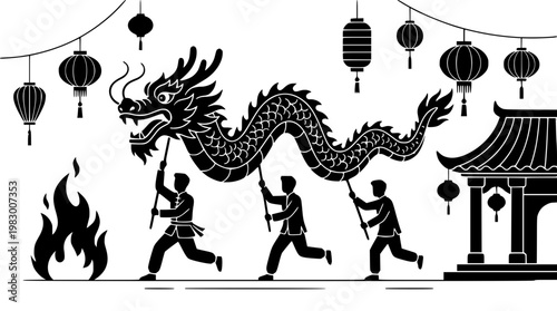 Traditional chinese dragon dance performance with lanterns and fire