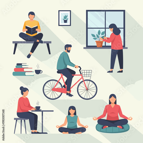 A collection of diverse people engaged in various relaxing and healthy activities at home and outdoors.