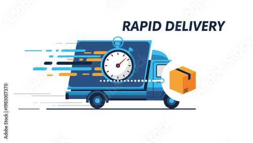 Fast moving delivery truck with a stopwatch icon representing rapid shipping and efficient courier services for business.