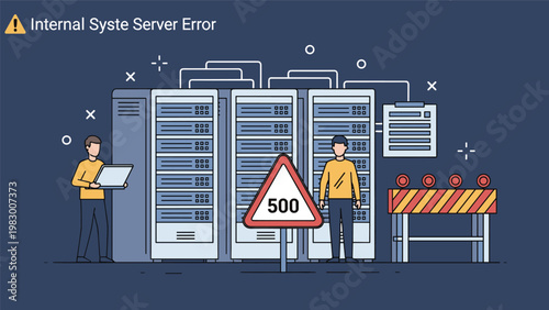 Server room with technicians encountering an internal server error message indicated by a warning sign and error code.