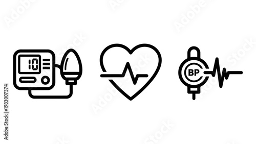 Blood pressure monitoring and heart health care icons with pressure wellness measurement diagnosis healthcare equipment cardiology heartbeat clinical hospital technology monitoring