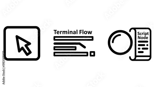 User interface navigation and software scripting icons with terminal software interface programming development technology automation computer application platform execution functions
