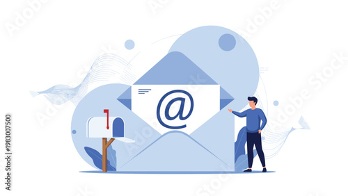 Man standing next to a huge open envelope with an email symbol near a traditional mailbox for digital communication.