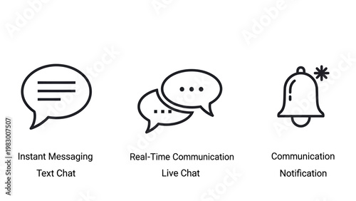 Digital communication icon set representing instant messaging and notifications with communication messaging notification connection technology interface conversation interaction platform
