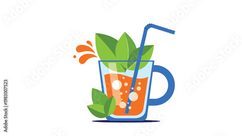 Refreshing glass of orange juice or tea with green mint leaves and bubbles for a healthy and cool summer beverage.