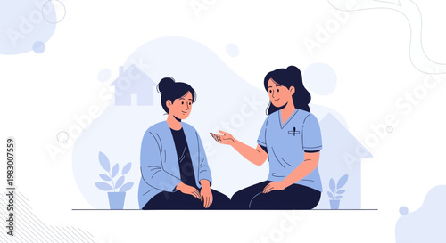 Nurse comforting patient at home, mental health support, empathetic conversation