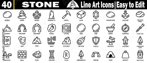 Stone line art icons. Easy to edit for geological, architectural, and craft designs, featuring editable strokes and a transparent background, vector illustration.