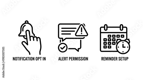 User interface icons for notification opt-in and reminder alerts with opt in notification reminder settings permission interface calendar management software scheduling communication
