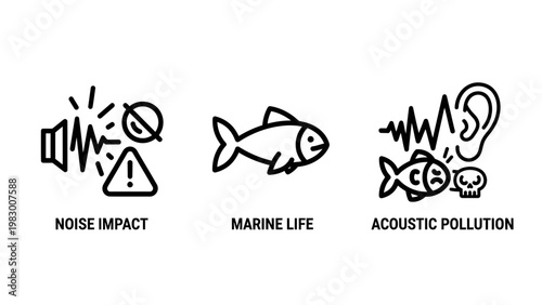 Environmental impact icons for marine life and acoustic pollution with environment pollution acoustic conservation wildlife protection auditory illustration scientific research biological