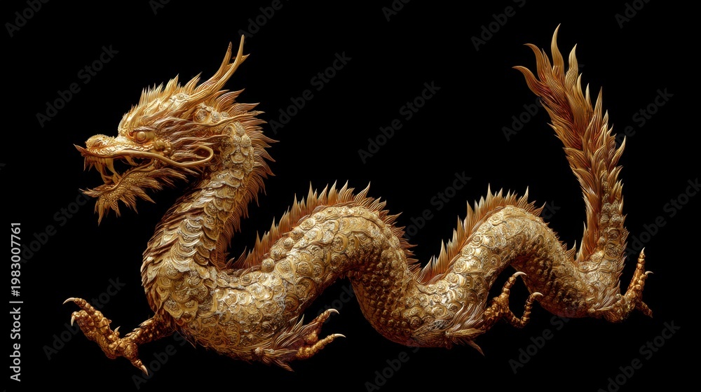 Fototapeta premium Golden dragon isolated on black background. Traditional Chinese dragon sculpture representing power and good fortune. Mythical creature symbol used for New Year celebration and culture.