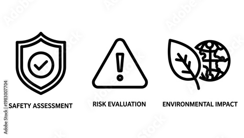 Safety assessment risk evaluation and environmental impact business icons with assessment evaluation environmental compliance business protection security analysis management corporate