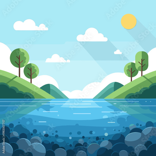 A serene landscape illustration featuring a calm body of water reflecting the sky, with rolling green hills and trees under a bright sunny day.