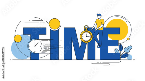 Conceptual time illustration shows a young man sitting on large letters with various clock faces and stopwatches.