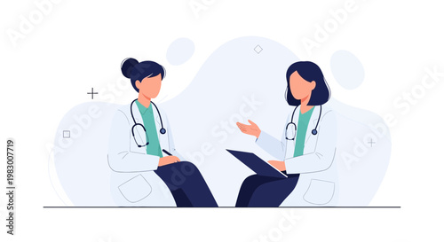 Two doctors in consultation, discussing medical case with stethoscope and tablet