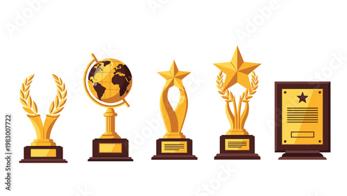 Achievement award collection displays various gold trophies including a globe, stars, laurel wreaths, and a plaque.