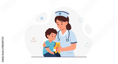 Nurse comforting a child with a teddy bear, pediatric care illustration