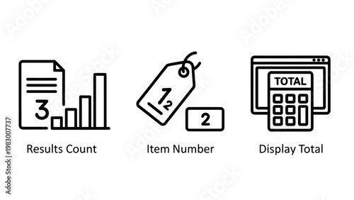 Business data interface icon set representing results count item number and display total with interface business calculation calculator financial software analytics statistics management
