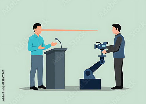 A man speaks at a podium while a cameraman records him with a robotic camera