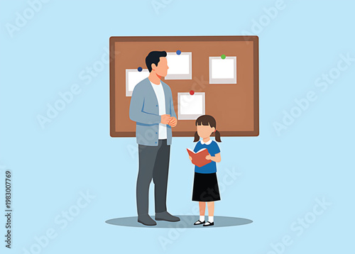 Man and little girl standing in front of brown bulletin board with papers on blue background